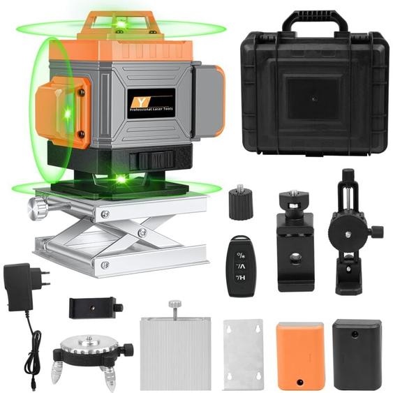 Ultrixe - Niveau Laser Vert 4x360° 16 lignes 4D Laser Chantier Auto-nivelant avec Télécommande, 2 x Batteries rechargeables 2400 mAh, Supports,