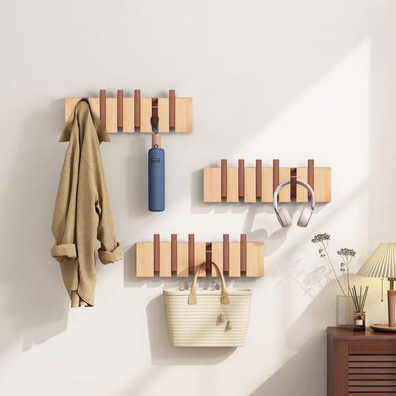 Patère Murale de 6 crochets rétractables Ultrixe Porte Manteau Mural, Cintre Dangle en Bois Massif pour Suspendre Manteaux écharpes, Sacs à Main et