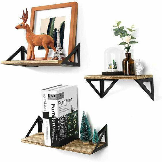 Unho - Lot de 3 Étagères Murales en Bois et Fil de Fer Étagères Flottantes Tablettes Industrielles Décoration Salon Chambre Bureau