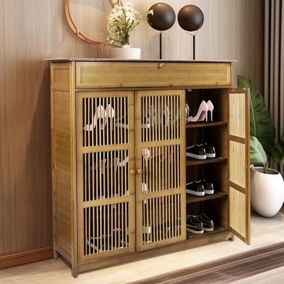 Unho - Meuble è Chaussure dEntrée en Bambou: 98×93×32cm Armoire à Chaussures avec Tiroir Vintage, 3 Porte Rangement Chaussure à 4 Étagères - 16 à 18