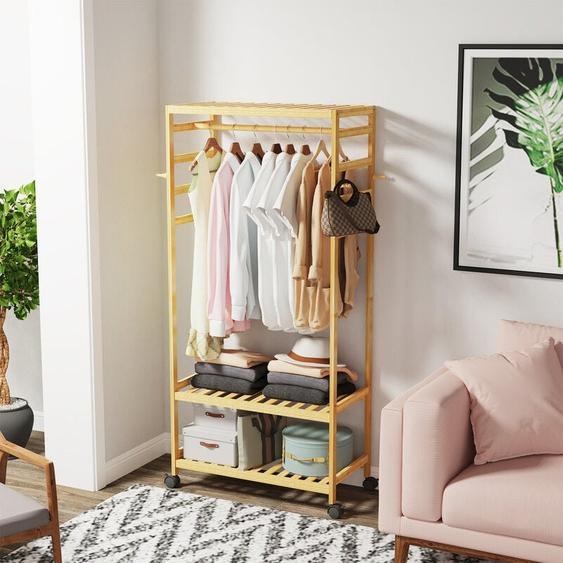 Unho - Porte-Manteau en Bambou sur Pied Naturel à Roulettes 169x78x41cm Meuble d Entrée Portant Amovible pour Vêtements Chapeaux Sacs Plantes