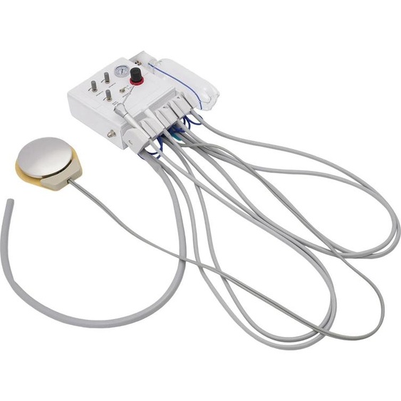 Unité dentaire à turbine à air - Suspendue 4 trous - Aspiration faible -pneumatique - Bouteille deau 600 ml - Boîtier en PVC - Soupapes en cuivre - Blanc