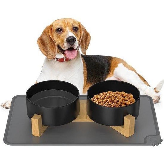 Unyqoos® Bol pour chien en céramique de 850 ml (Ø 15,5 cm), 2 en 1 : gamelle pour nourriture et pour eau, avec support en bambou surélevé, tapis antidérapant, noir – pour chiens de taille moyenne et grande