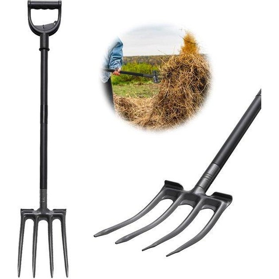 Unyqoos® : Fourche de jardin multifonctionnelle, 4 dents, acier au carbone avec revêtement anti-rouille, manche ergonomique en forme de D et pédale pour le pied, pliable