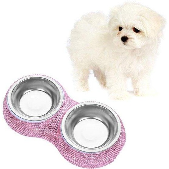 Unyqoos® – Gamelle double pour animaux de compagnie, avec 2 bols en acier inoxydable ornés de strass, couleur rose, pour lalimentation et leau, idéale pour chiens et chats