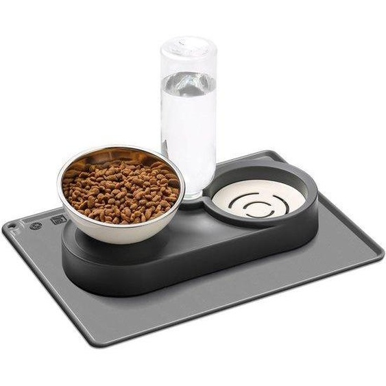 Unyqoos® Gamelle double surélevée avec bouteille à eau à siphon, 2 gamelles en acier inoxydable et un grand tapis en silicone antidérapant – Station de nourriture et deau pour chats et petits chiens