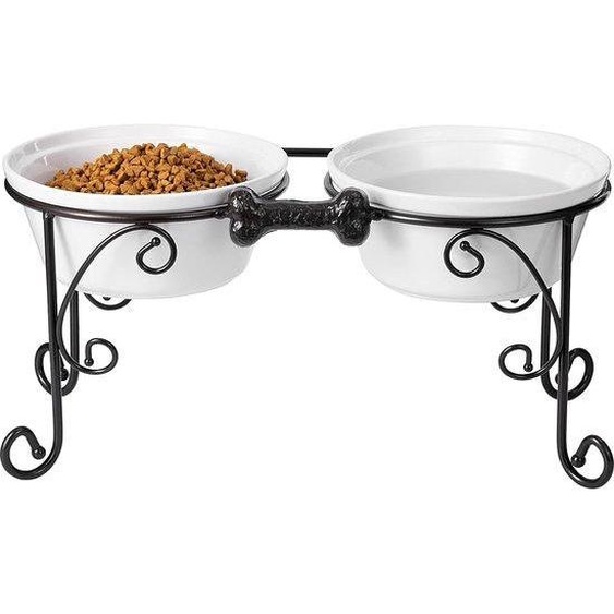 Unyqoos® Gamelle double surélevée pour chiens, en céramique, 2 x 2400 ml, blanche – ensemble de grandes gamelles pour chiens de taille moyenne et grande