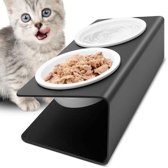 Unyqoos® : Gamelle surélevée ergonomique avec des bols en céramique épais et une structure en métal avec revêtement en poudre, dimensions 13 x 4,5 cm – pour chiens et chats