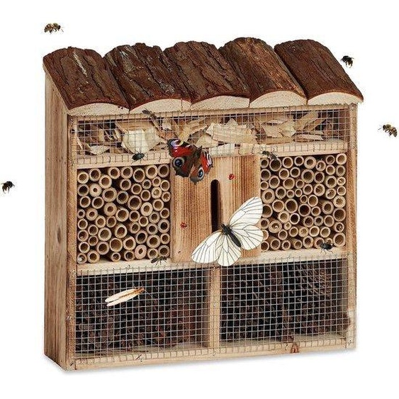 Unyqoos® – Hôtel à insectes rectangulaire, en bois brûlé, rempli de bambou et de cônes, dimensions : 31 x 30,5 x 9,5 cm, couleur naturelle