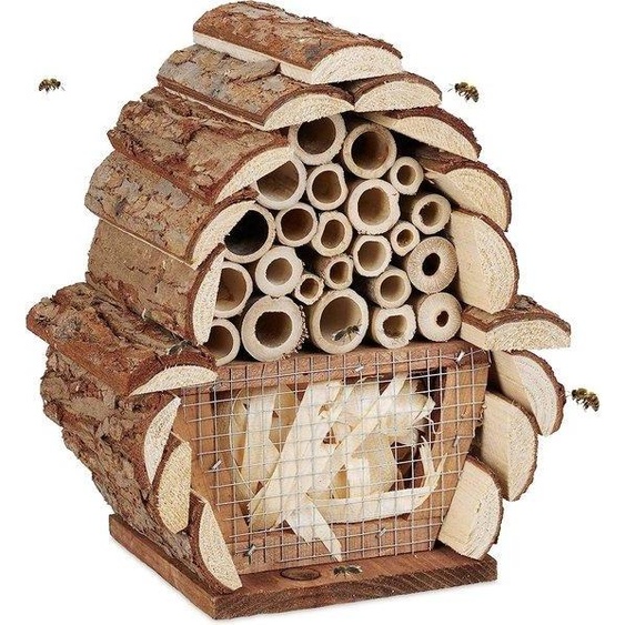 Unyqoos® – Hôtel à insectes : un abri pour les abeilles sauvages, les bourdons et les insectes bénéfiques. 2 compartiments, dimensions : 20,5 x 17,5 x 11 cm. Naturel, idéal pour le jardin et le balcon
