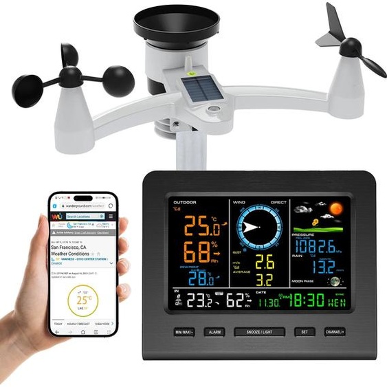 Urageuxy Station météo sans fil 8 en 1 avec synchronisation WiFi, capteur extérieur à énergie solaire, température/humidité/vent/pluie/pression en temps réel pour la maison