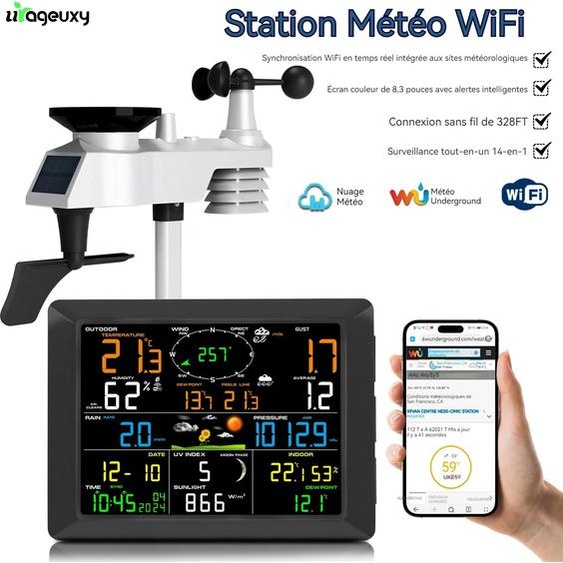 Urageuxy Station météo WiFi sans fil 14 en 1, avec affichage couleur, synchronisation en temps réel vers météo souterraine, portée de 100m, capteur pour maison intelligente