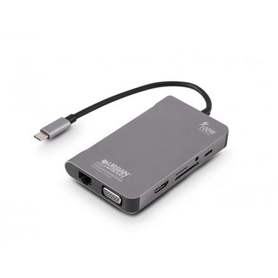 Urban Factory TCM16UF, Avec fil, USB 3.2 Gen 1 (3.1 Gen 1) Type-C, 96 W, 3,5 mm, 10,100,1000 Mbit/s, Gris