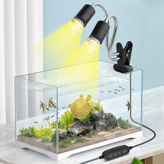 UVA UVB Lampe chauffante pour reptiles, lampe chauffante à double tête pour aquarium avec clip, lampe chauffante pour reptiles avec minuterie de cycle pour tortue, lézard, serpent, 25W/50W 3 ampoules E27