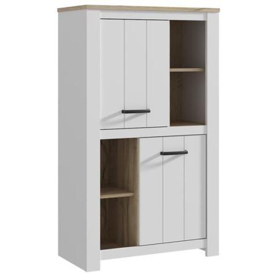 Vaisselier 2 portes 4 niches blanc mat décor bois poignées noir - LEANE