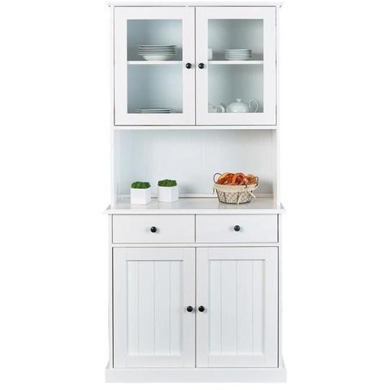 Vaisselier 4 portes et 2 tiroirs en bois massif blanc - Dim : L90 x H191 x P45 cm