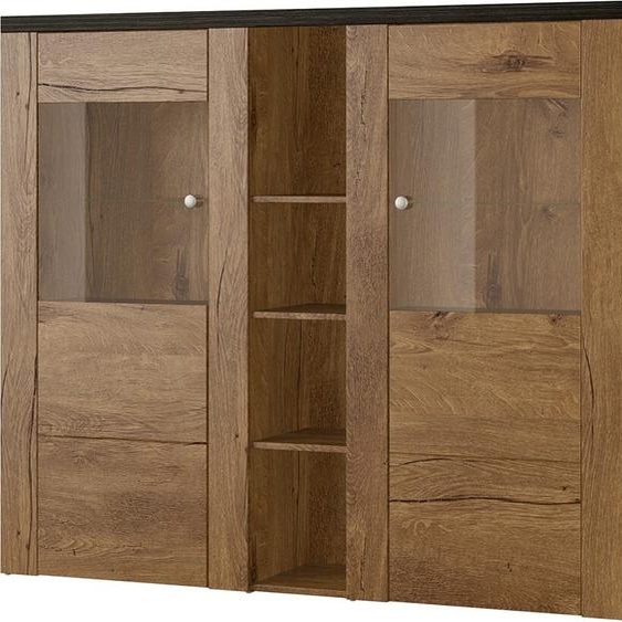 Vaisselier design 2 portes pour salon couleur chêne et noir effet bois. collection SANTIAGO.