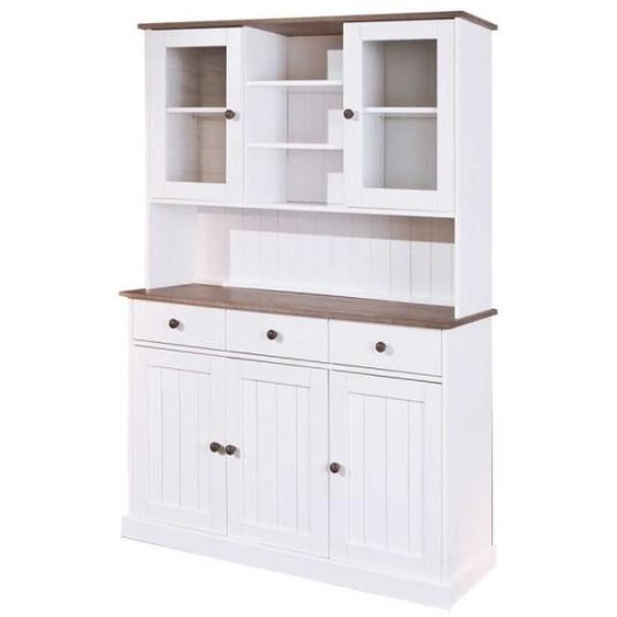 Vaisselier en bois massif blanc et naturel - Paris Prix - Takao - 5 portes - 3 tiroirs