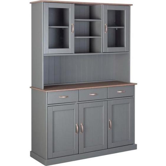 Vaisselier - PARIS PRIX - Zernan - Bois Massif - 5 Portes & 3 Tiroirs - Gris & Naturel
