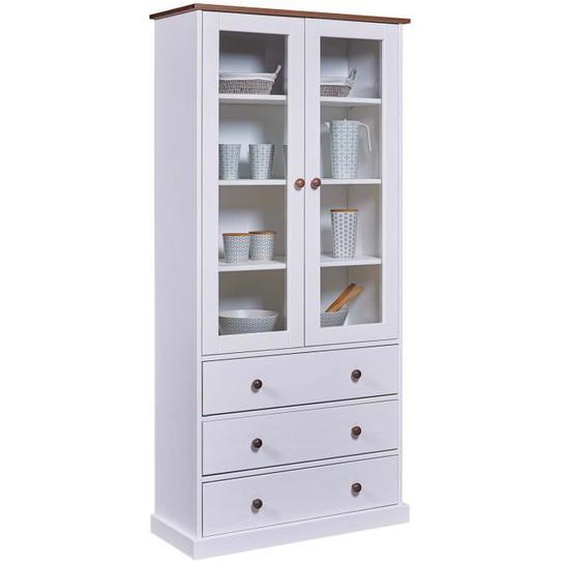 Vaisselier vitrine en pin massif vernis blanc-sépia - Longueur 90 x Profondeur 38 x Hauteur 190 cm