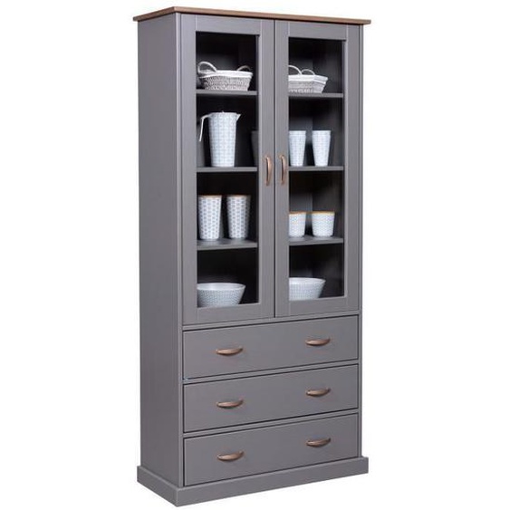 Vaisselier vitrine en pin massif vernis gris-sépia - Longueur 90 x Profondeur 38 x Hauteur 190 cm