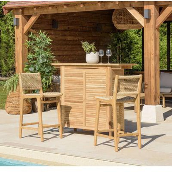 VALERIA - Lot de 2 tabourets bar de jardin teck rotin synthétique beige