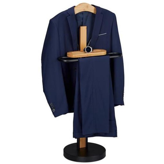 Relaxdays valet, avec support, autonome, costumes sans plis, porte-vêtements, bambou&métal, 109 x 48 x 30cm, noir/nature