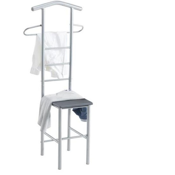 Valet de chambre JIVO chevalet de nuit portant pour vêtements, structure en métal argenté avec tablette en MDF décor gris mat