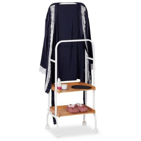 Relaxdays Valet de chambre, serviteur, portant, roulettes, 2 surfaces, serviettes, métal bambou, 129x42x32 cm, blanc