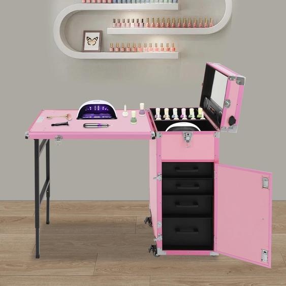 Valise à cosmétiques - Coiffeuse roulante/station de manucure - Avec serrure - Haut-parleur Bluetooth - Table rabattable - 4 tiroirs - Roulettes 360° avec frein - Charge maximale 50 kg - Rose