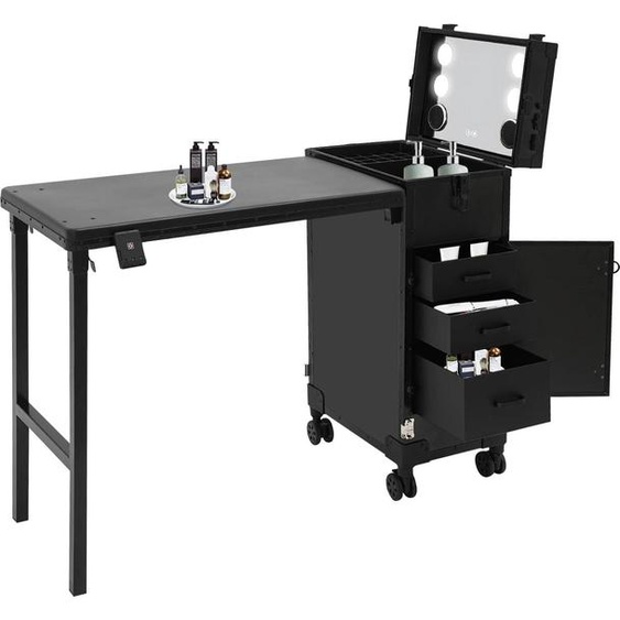 Valise cosmétique à roulettes - Table à ongles pliable - Miroir tactile, 3 couleurs de lumière - Trois tiroirs - Quatre roulettes (dont 2 avec frein) - UE 110-250 V - Noir