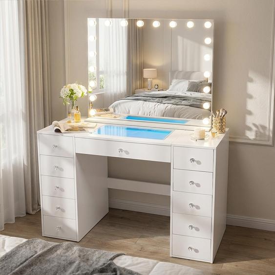 VANITII Coiffeuse avec miroir de maquillage 100 cm x 80 cm et plateau en verre, design élégant et moderne, finition blanche