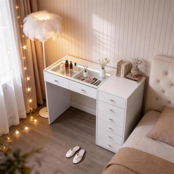 VANITII Coiffeuse avec Plateau en Verre et Éclairage LED, Coiffeuse pour Chambre à Coucher, 8 Tiroirs, 120×55×81 cm, Blanc