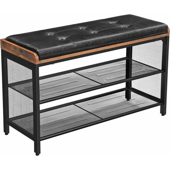 Banc à Chaussures, Banquette Rembourrée avec Étagères en Maille, Rangement à Chaussures, Couloir, Entrée, Gain de Place, Métal, Industriel,