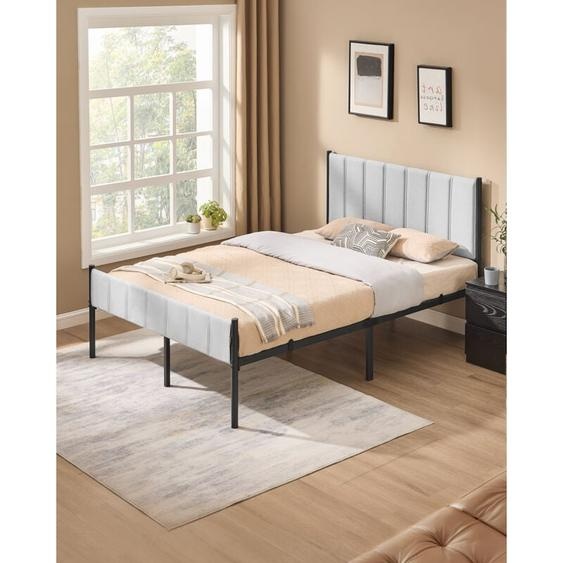 Vasagle - Cadre de Lit Double, 140 x 190 cm, avec Tête de Lit Rembourrée, en Acier, Supporte Jusquà 500 kg, Montage Facile, Gris Tourterelle