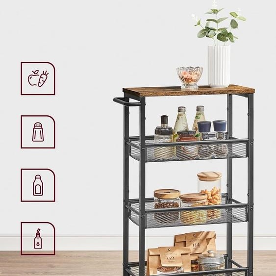 VASAGLE Chariot 4 niveaux, chariot de cuisine étroit, étagère de niche sur roulettes, acier, poignée, pour petits espaces, 22 x 45,5 x 77 cm, cuisine, salle de bains