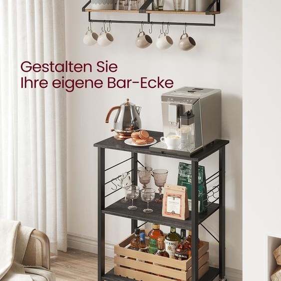 VASAGLE Chariot de cuisine avec 3 niveaux, 6 crochets, 40 x 60 x 89 cm, noir