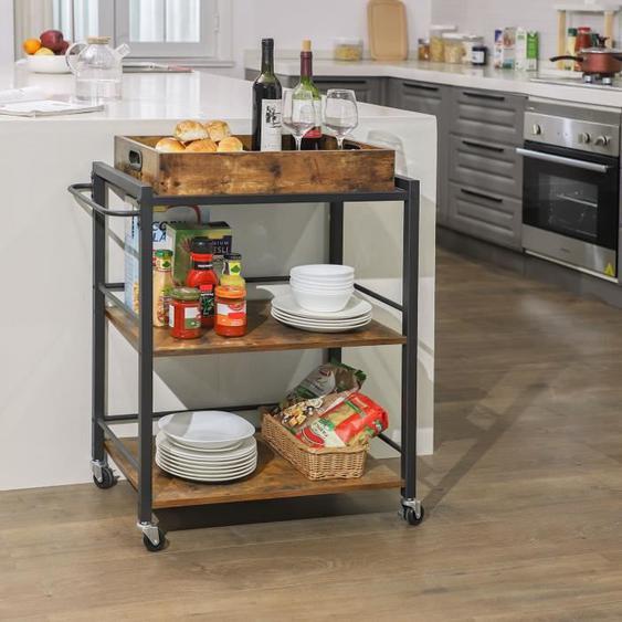 VASAGLE Desserte de Style Industriel, Chariot de Cuisine, Plateau Amovible, avec Pieds roulettes, 65 x 40 x 86 cm