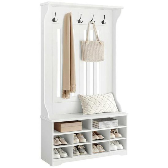 Meuble dEntrée, Vestiaire, Porte-manteau avec Banc, Rangement pour Chaussures, avec Crochets, Étagère Réglable, Moderne, Blanc