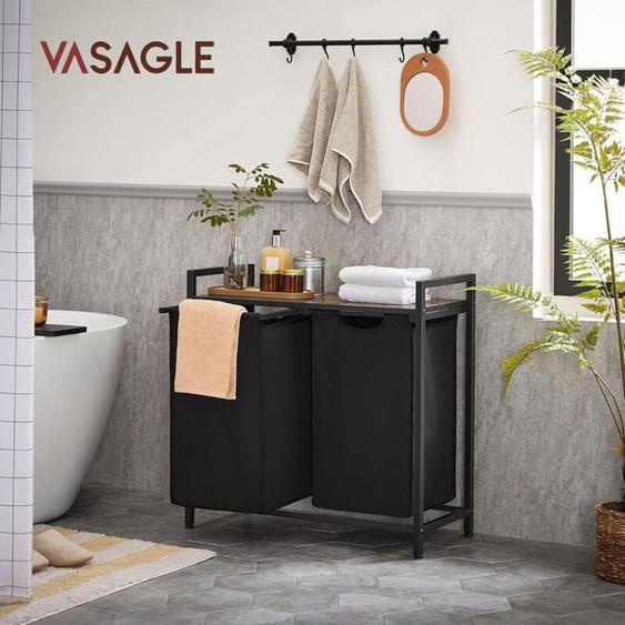 VASAGLE Panier à Linge Sale, Corbeille 2 Compartiment, Bac, avec 2 Sacs en Tissu Oxford Amovibles, Cadre en Métal, 2 x 46L, 73 x 33 x 72 cm, Marron