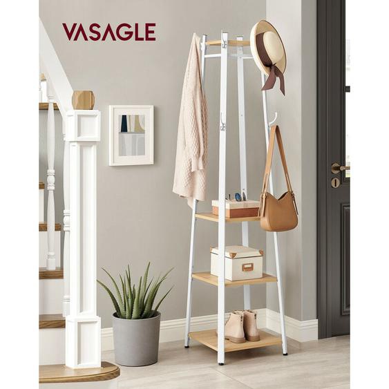 Vasagle - Porte-manteau sur Pieds, Vestiaire Entrée, avec 8 Doubles Crochets, 4 Étagères, Tringles, Cadre en Métal, pour Manteaux, Sacs, pour Entrée,