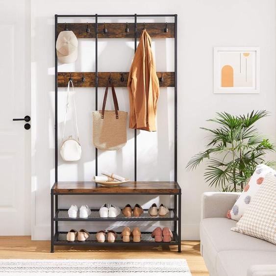 Vasagle - Portemanteau HSR86BX - Style industriel - Meuble dentrée - 12 Crochets - Banc à chaussures - Armature en fer rigide - 100 x 40 x 186 cm