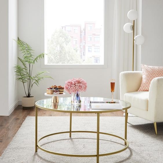 VASAGLE Table basse avec structure en fer doré Ø84 x 45,5 cm ronde table en verre verre trempé robuste table basse stable table de salon décorative or LGT21G