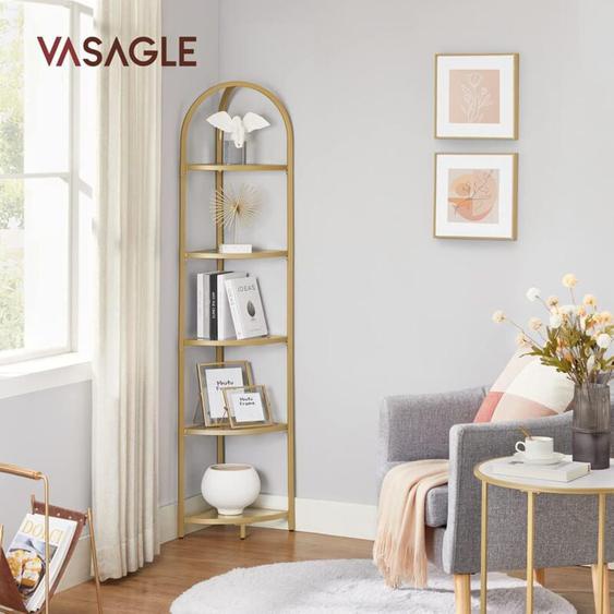 Vasagle - tagère dangle à 5 Niveaux, Bibliothèque, Cadre en Métal, Étagère de Rangement en Verre Trempé, Antirouille, Salon, Chambre, Cuisine, Salle