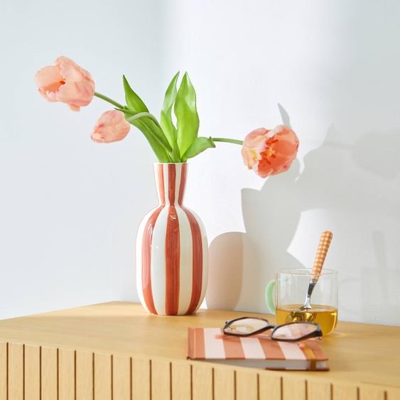Vase grès rayé blanc terracotta  -