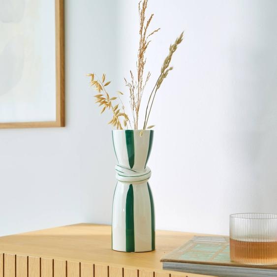 Vase grès rayé blanc vert  -