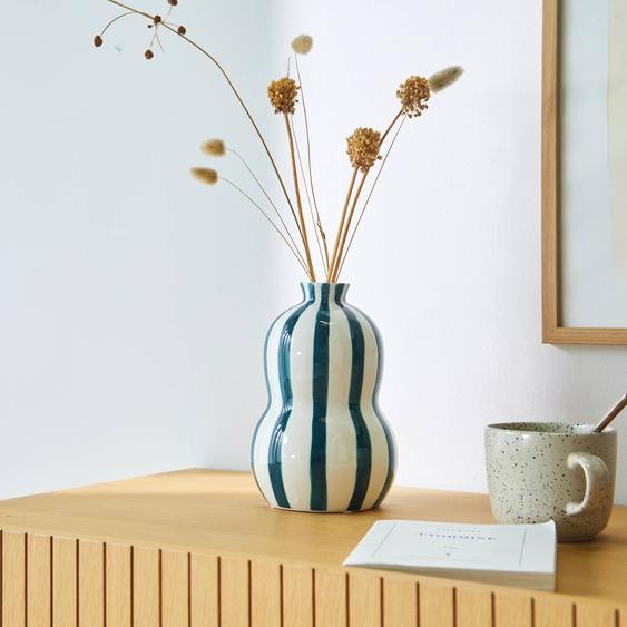 Vase Grès Rayé Bleu Blanc -