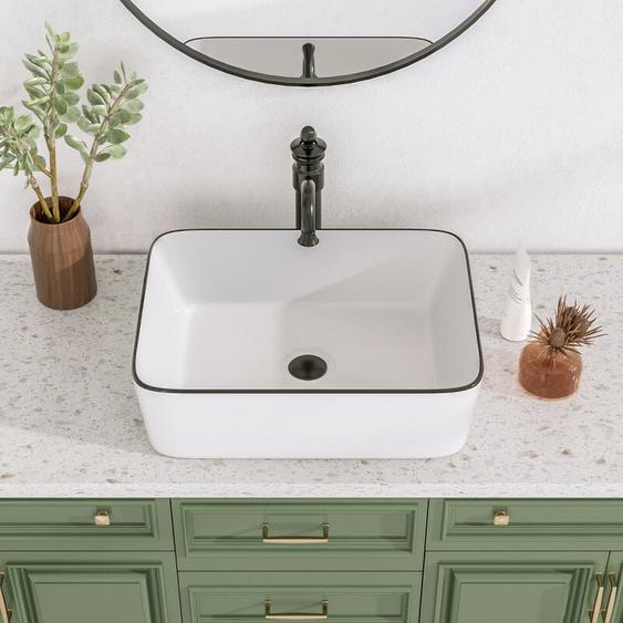 Vasque à Poser Rectangulaire en Céramique Blanche – Design Moderne avec Bordure Noire,Dimensions 47,5 x 37,5 x 13 cm, Idéale pour Salle de Bain
