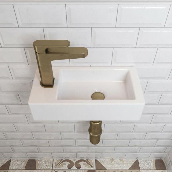 Vasque Lave Main Meuble Deervalley Vasque Suspendu Rectangulaire Blanc pour Vasque Salle de Bain - Trou pour Robinet à Gauche 36.5x18x9cm, DV-1V081L