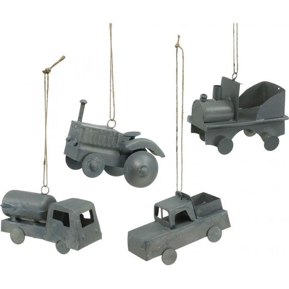 Véhicules en métal à suspendre Lot de 4 - voiture, tracteur, train, camion de lait - Décoration vintage